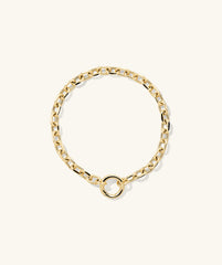 Large Square Oval Chain Charm Bracelet in 14k gold, featuring a Stacker Clasp designed to layer three charms together.