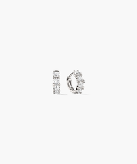 Lab Grown Sapphire Huggie: a pair of 12mm hoop earrings featuring lab-grown round white sapphires, designed for everyday wear with a dainty, impactful shine.