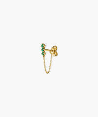 Trio Chain Stud earring adorned with green stones, featuring a chain for versatile styling, enhancing ear stack designs with lab-grown gemstones.