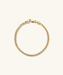 3mm Round Box Chain Bracelet with a clasp, handcrafted in 14k solid yellow gold, perfect for everyday wearâneither too bold nor too minimal.