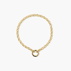 Rolo Chain Charm Bracelet: A polished gold-tone chain with uniform oval links, featuring a Stacker Clasp for layering charms, displayed in a circular arrangement.