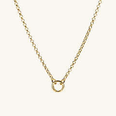 Rolo Chain Charm Necklace: A close-up of a 14k solid gold chain featuring a ring, designed to layer three charms with the Stacker Clasp.