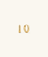 Bold Micro Charlotte Huggie Hoop Salmon Gold earrings with a curved hoop design, showcasing intricate craftsmanship and elegant style.