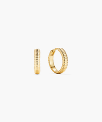 Charlotte Textured Hoops: Small, polished yellow-gold hoops with ribbed texture, one shown face-on, the other in profile, embodying modern elegance and versatility.