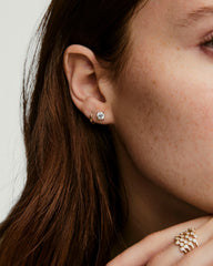 Lab Grown Diamond Round Studs 1 TCW on a woman's ear, showcasing the brilliant sparkle of the lab-grown diamonds set in 14k solid gold.