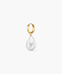 Oversized Baroque Pearl Hoop Charm featuring an irregular, sculptural pearl suspended from a sleek gold hoop, ideal for pairing with various earrings for a statement look.
