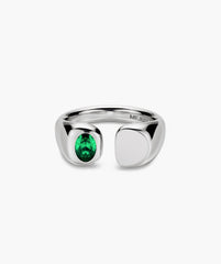 Noa Open Signet Pinky Ring features a polished silver open band with an oval green stone and mirror-like pad, designed to stand out.