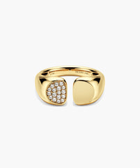Sabine Open Signet Pinky Ring in 14k gold, featuring a polished pad and a pavé diamond cluster on the open band.
