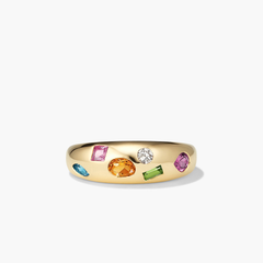 Toronto Mosaic Dôme Ring: 14k gold ring with six multicolored gemstones in various cuts, inspired by mosaic art, representing Toronto's six boroughs.