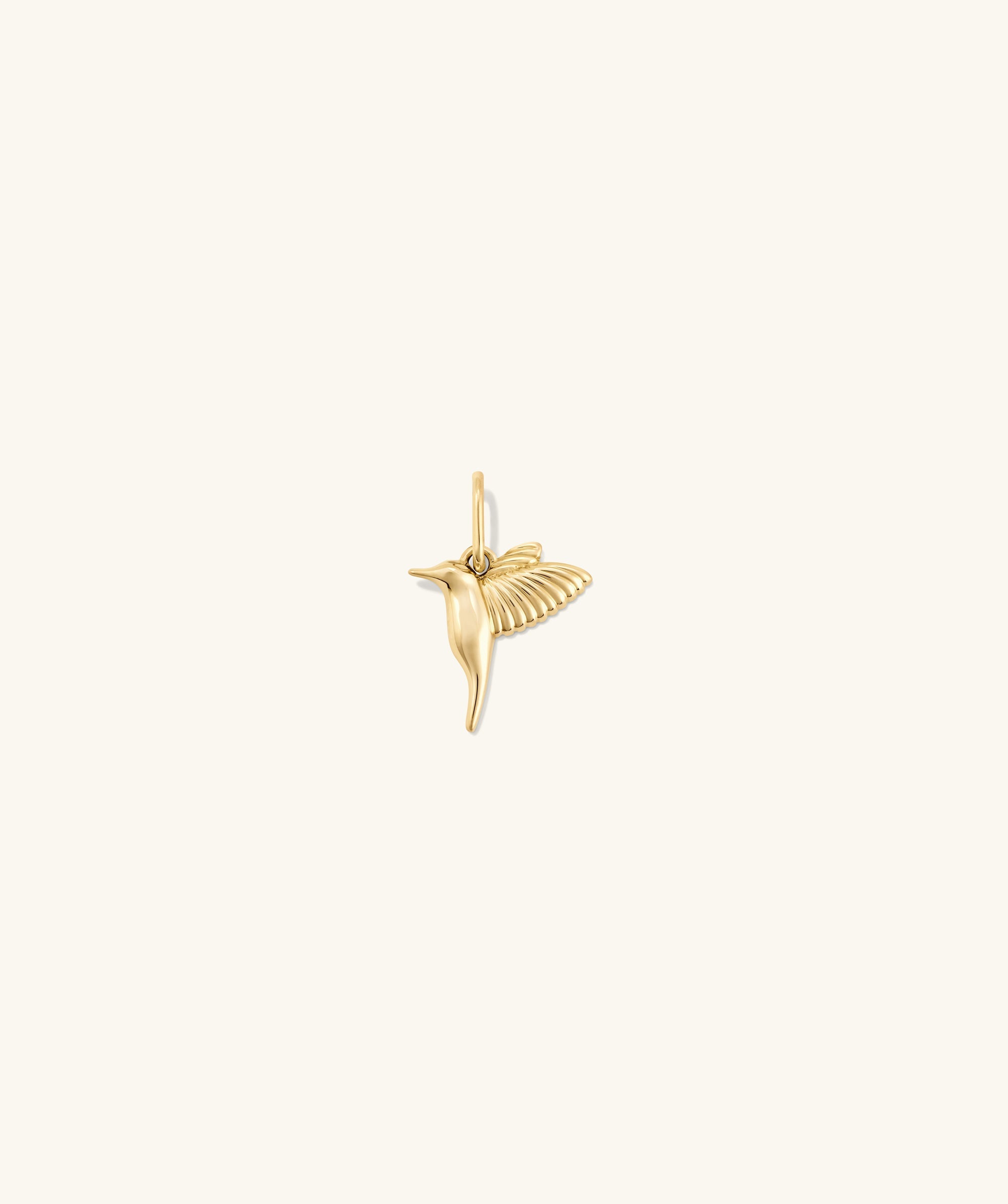 Hummingbird Charm: A detailed gold pendant featuring a sleek, delicate hummingbird design, ideal for adding elegance to charm collections.