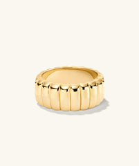 Gold ring with scalloped edge and curved design, inspired by French dessert. Named Charlotte Bold Ring, perfect for adding elegance to your collection.
