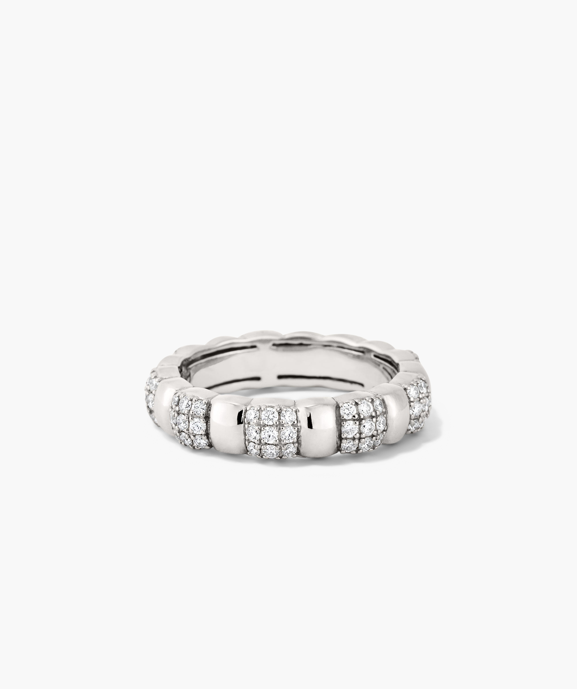 PavÃ© Diamond Soft Charlotte Ring, featuring a silver band encrusted with diamonds in alternating cushions, handcrafted in 14k solid gold with 72 diamonds.