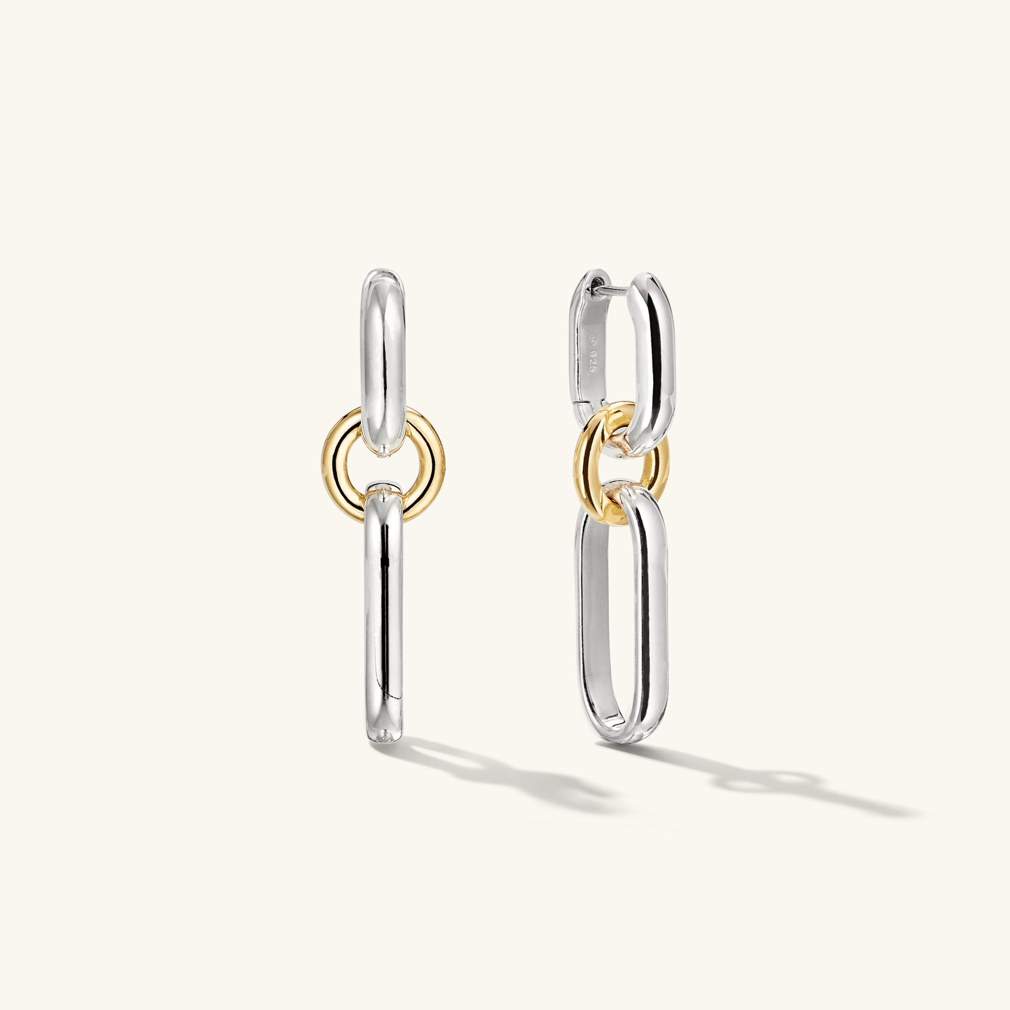 Mixed Convertible Link Earrings featuring silver and gold chains. Handcrafted in 18k gold vermeil and sterling silver. Versatile design for huggie or drop styles.