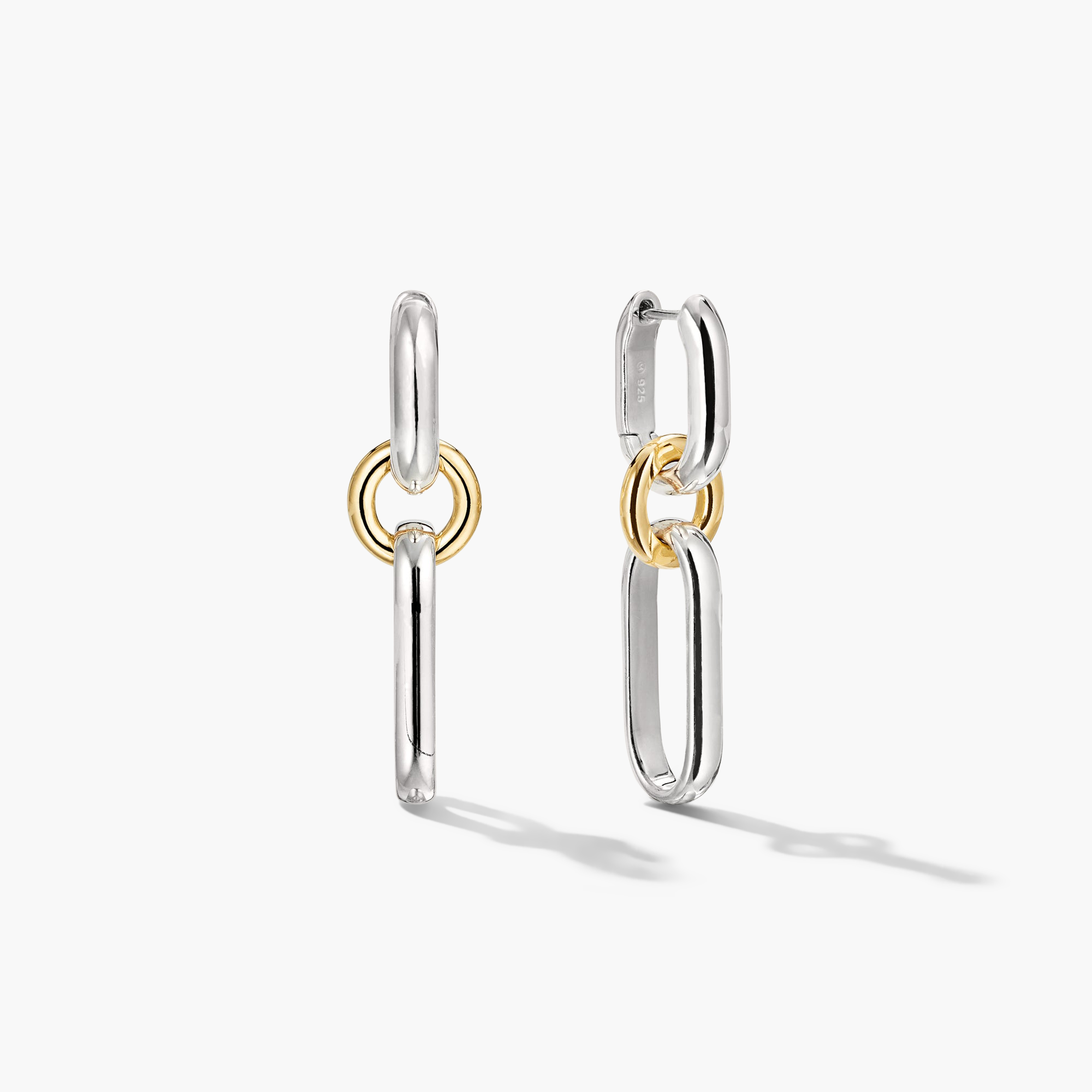 Mixed Convertible Link Earrings featuring silver and gold chains. Handcrafted in 18k gold vermeil and sterling silver. Versatile design for huggie or drop styles.