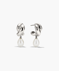 Brioche Pearl Drop Earring featuring a knot design with a moving pearl charm, combining elegance with wearability.