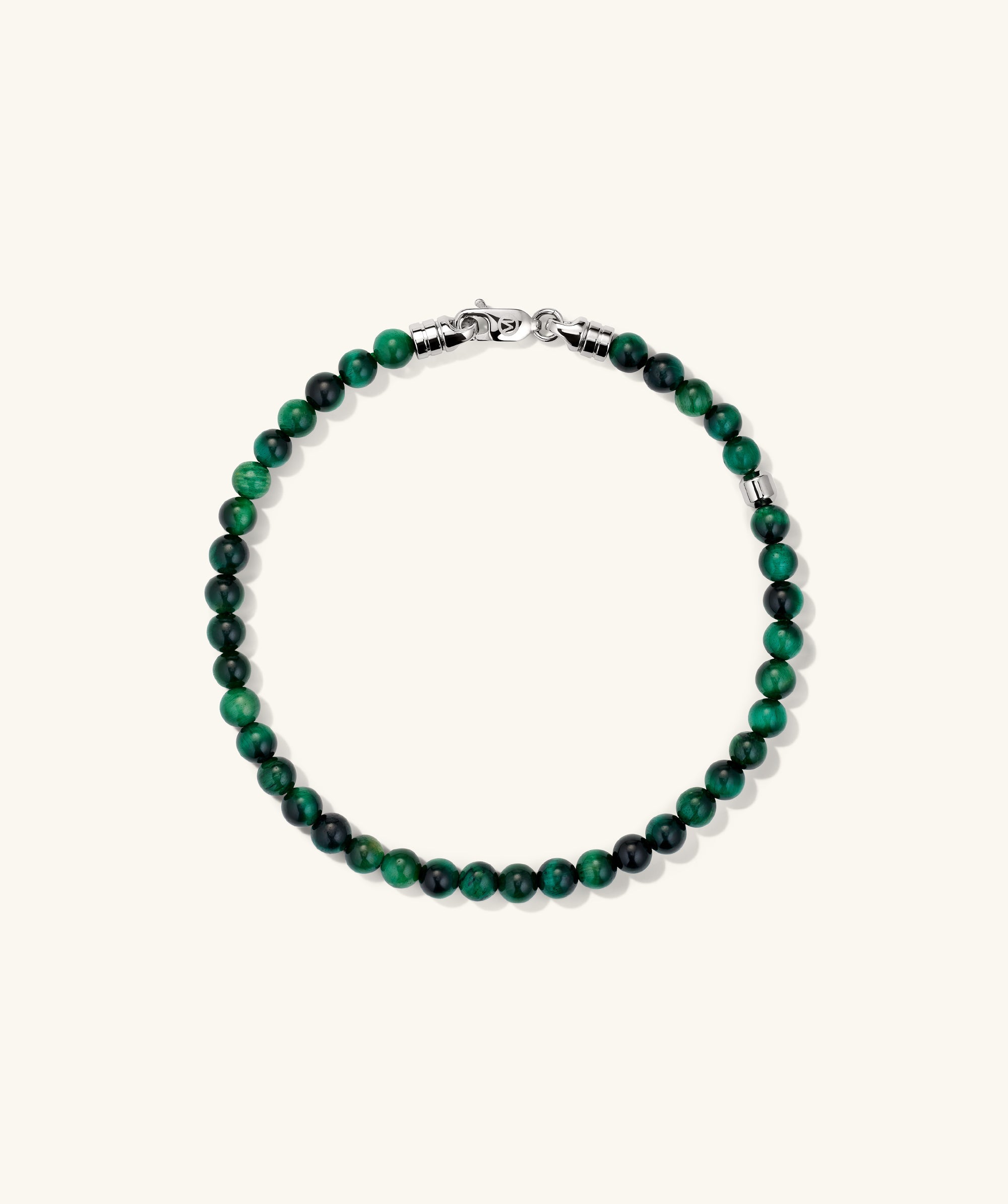 4mm Gemstone Beaded Bracelet with green and black beads, featuring a sterling silver swivel clasp.
