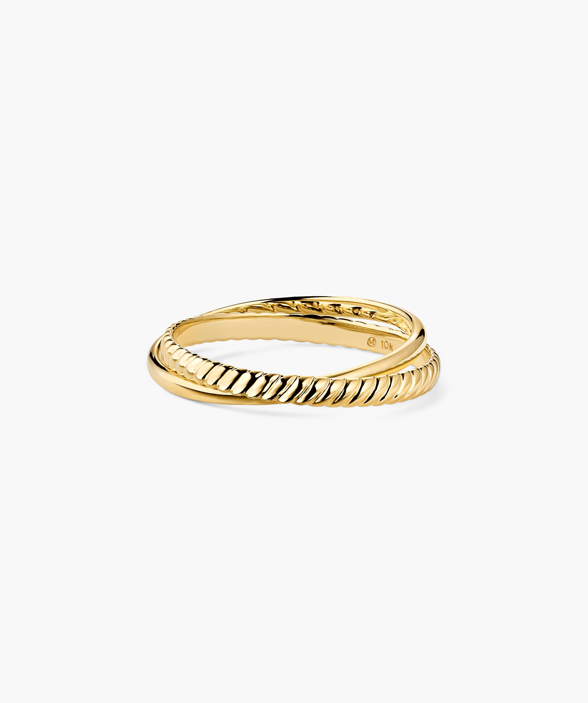 Duo Ring featuring two interlocking bands; one smooth, one twisted-rope, crafted in 14k gold, forming a minimalist, knotted style.