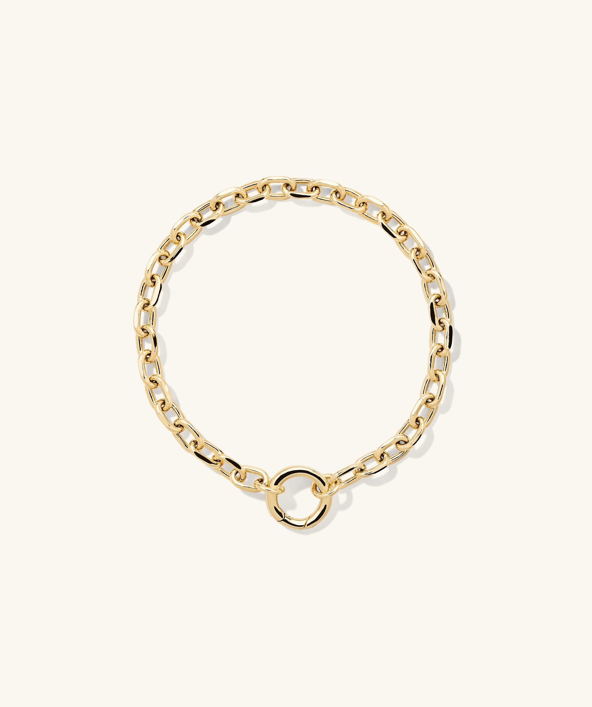 Large Square Oval Chain Charm Bracelet in 14k gold, featuring a Stacker Clasp designed to layer three charms together.