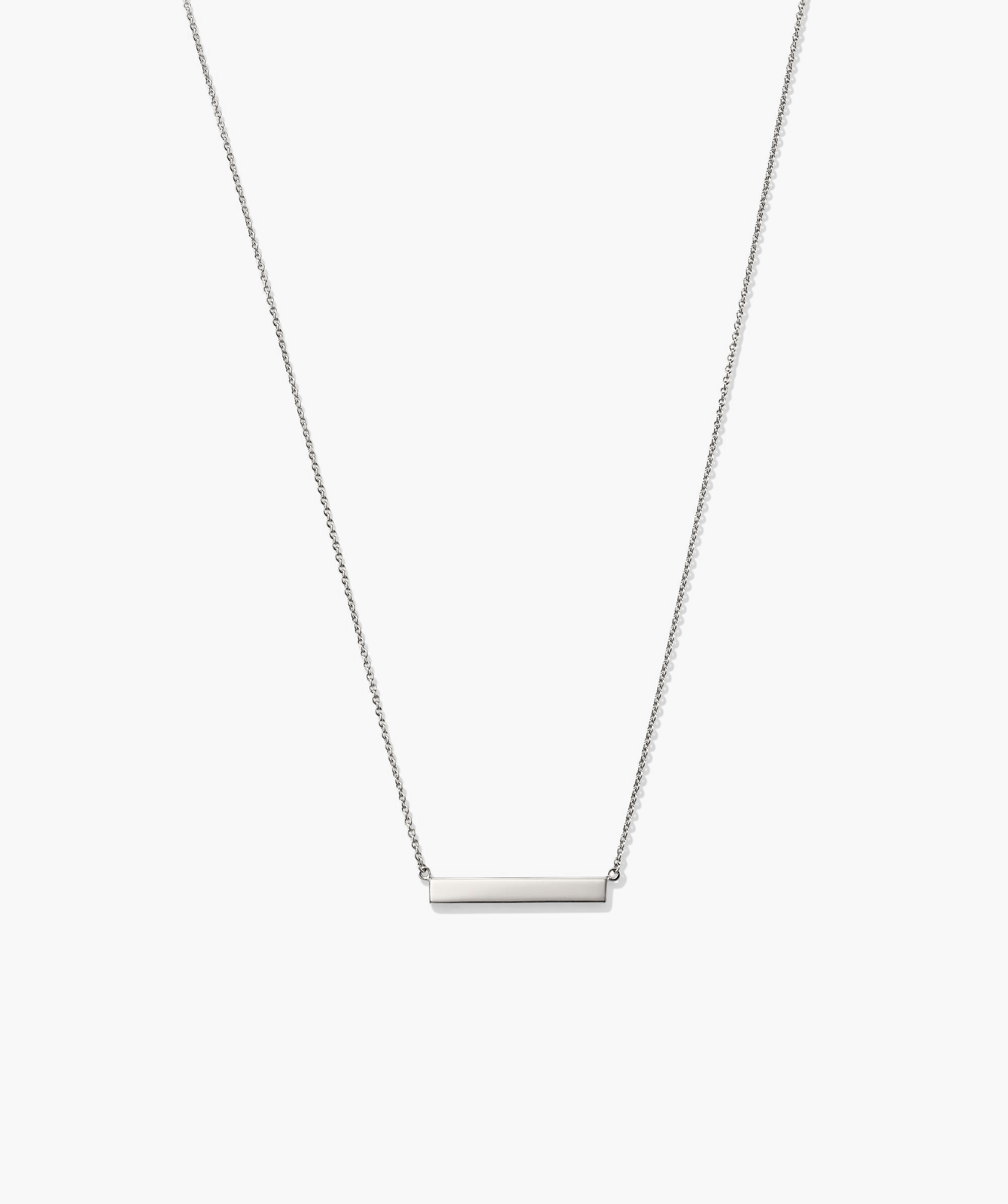 Engravable Bar Necklace on a silver chain, featuring a rectangular pendant suitable for personal messages or names.