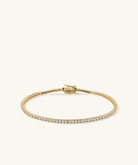 Lab Grown Diamond Tennis Bracelet 1.8mm, featuring 14k solid gold and lab-grown diamonds. Handcrafted with a secure clasp and safety arms for easy wear.