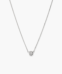 Bezel Lab Grown Diamond Necklace: A close-up of a 14k solid gold necklace with a bezel-set, lab-grown diamond pendant on a delicate chain.