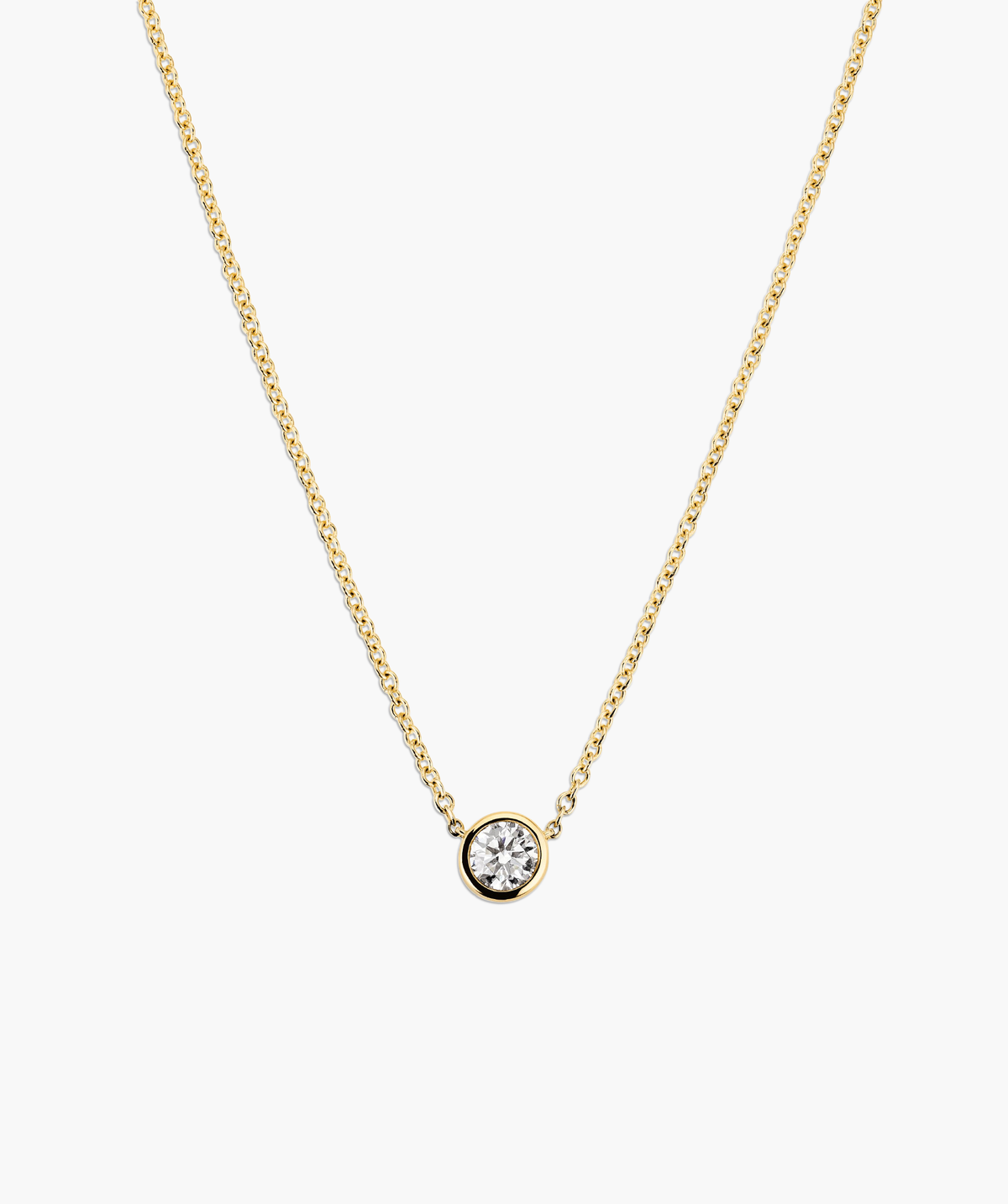 Bezel Lab Grown Diamond Necklace featuring a 14k solid gold chain and a bezel-set lab grown diamond pendant, showcasing timeless elegance and ethical craftsmanship.