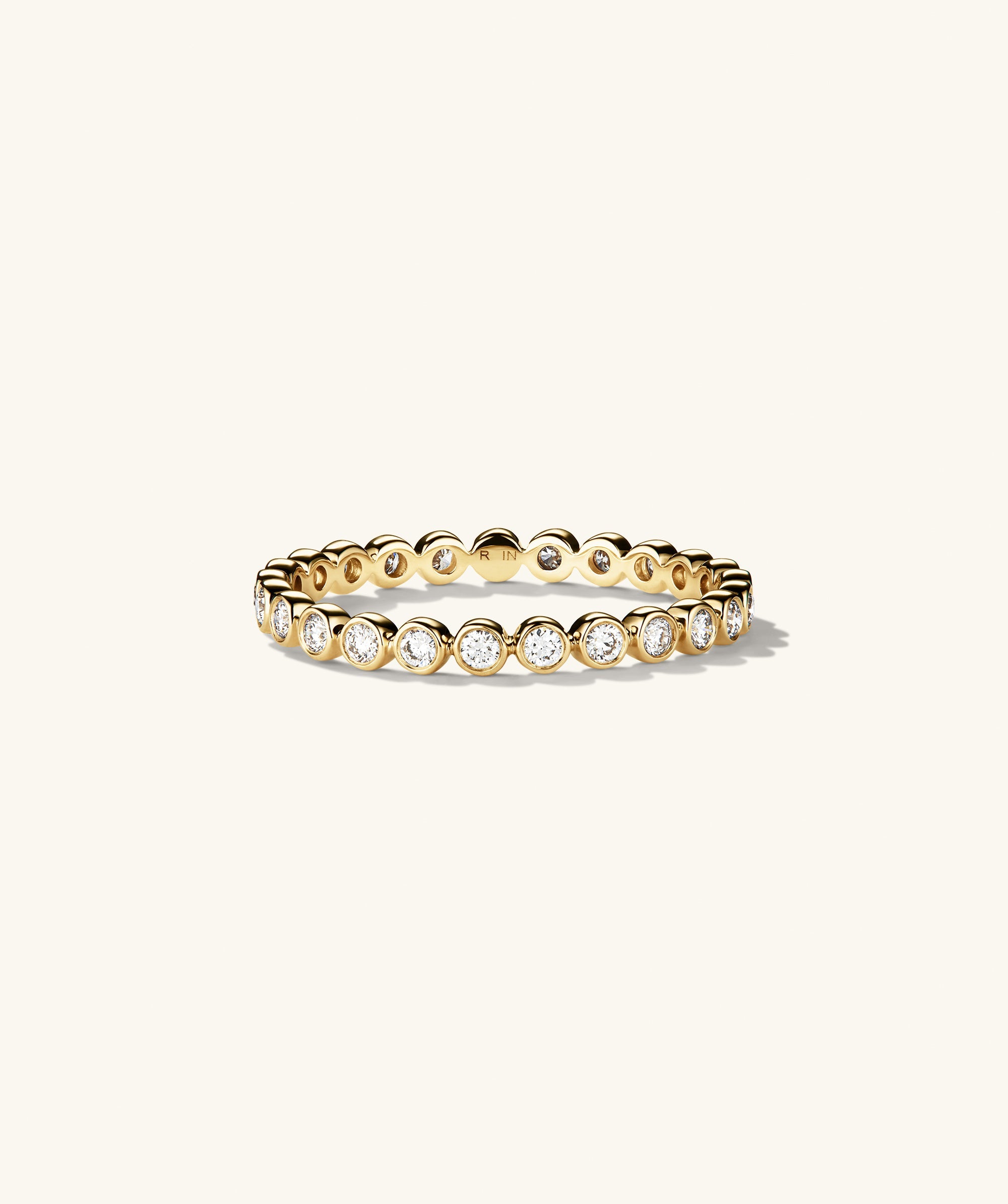 Prism Lab Grown Diamond Eternity Band showcasing lab grown diamonds in a bezel setting, highlighting its intricate design and elegant craftsmanship.