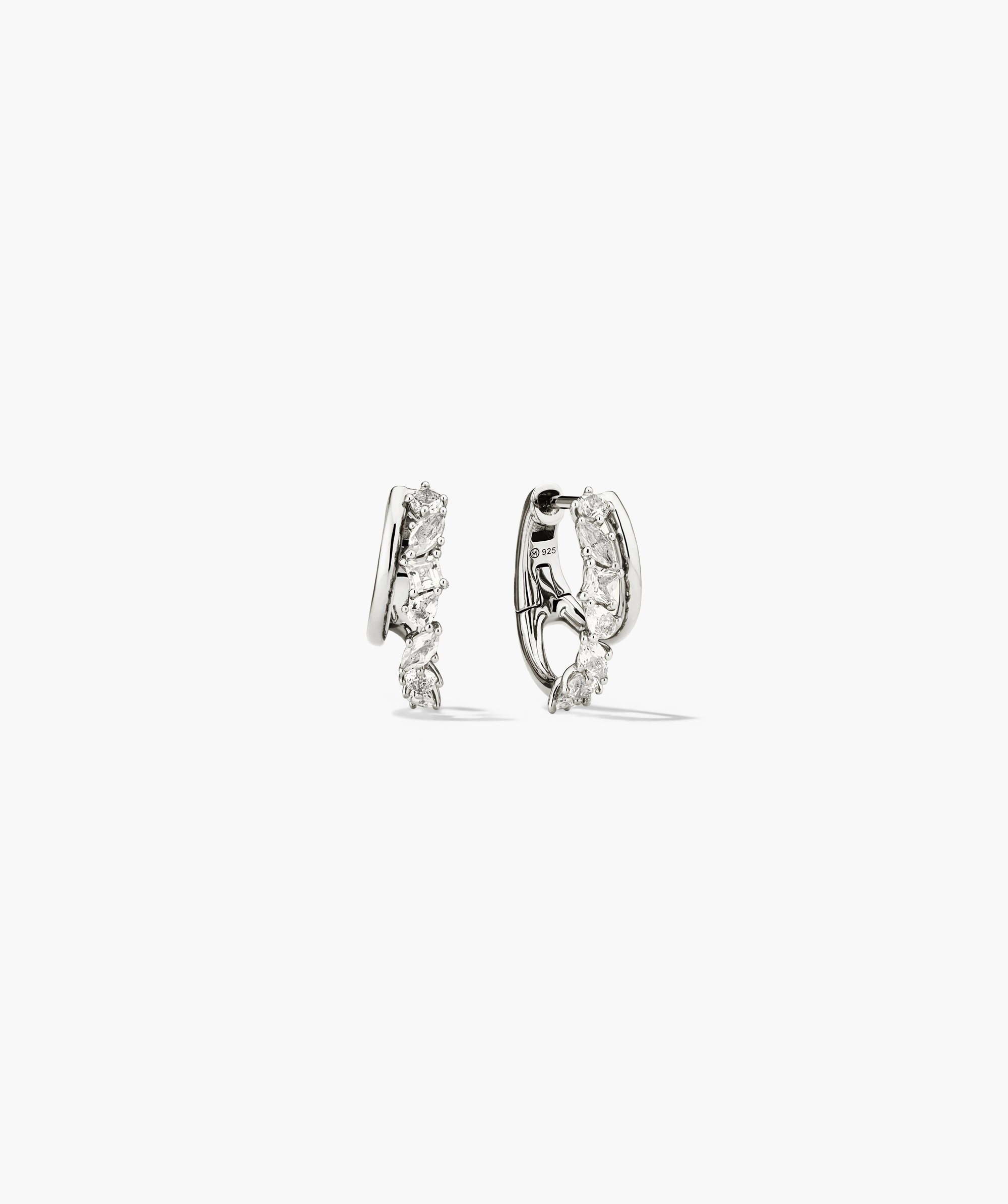 Ella Double Hoop earrings featuring lab grown sapphires in pear, marquise, round, princess, and square cuts, with a simple thin hoop attached.