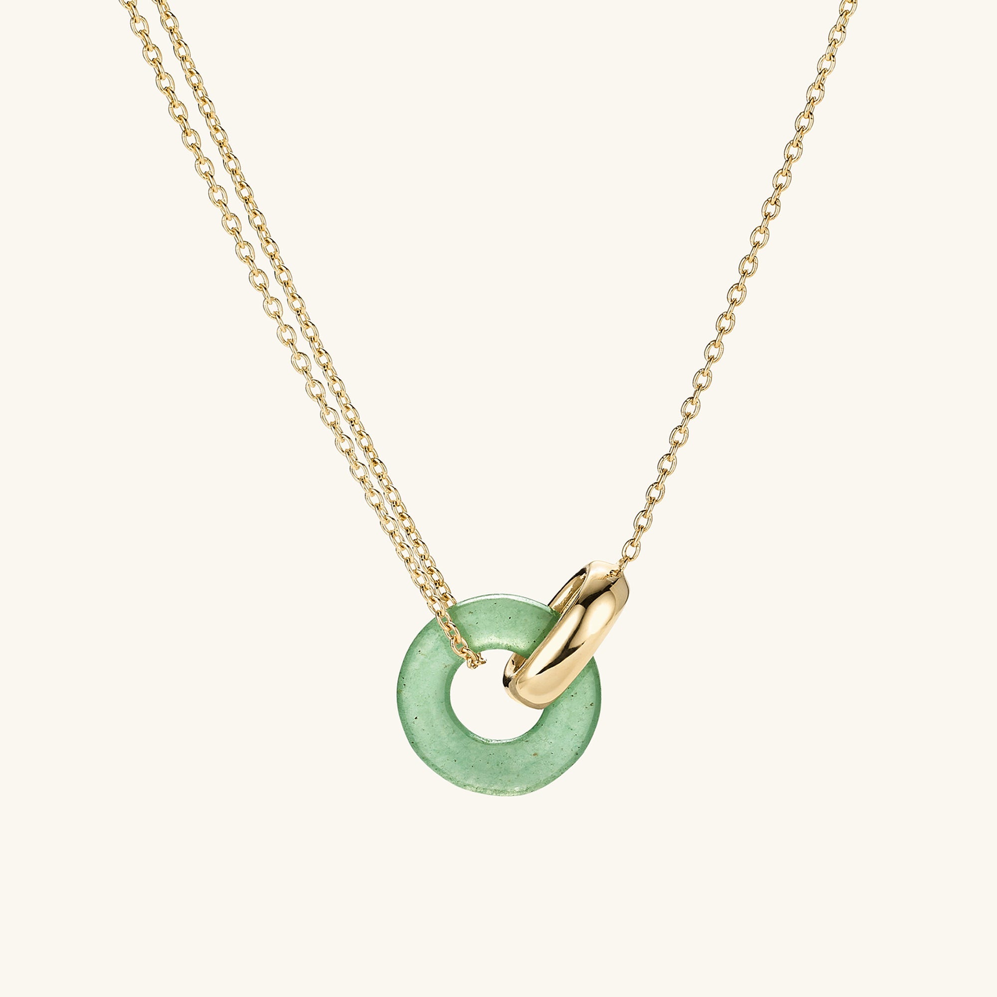 Linked Gemstone Necklace featuring interlinked gold rings and a green aventurine pendant, symbolizing personal bonds. Handcrafted in 14k solid gold with a delicate chain.