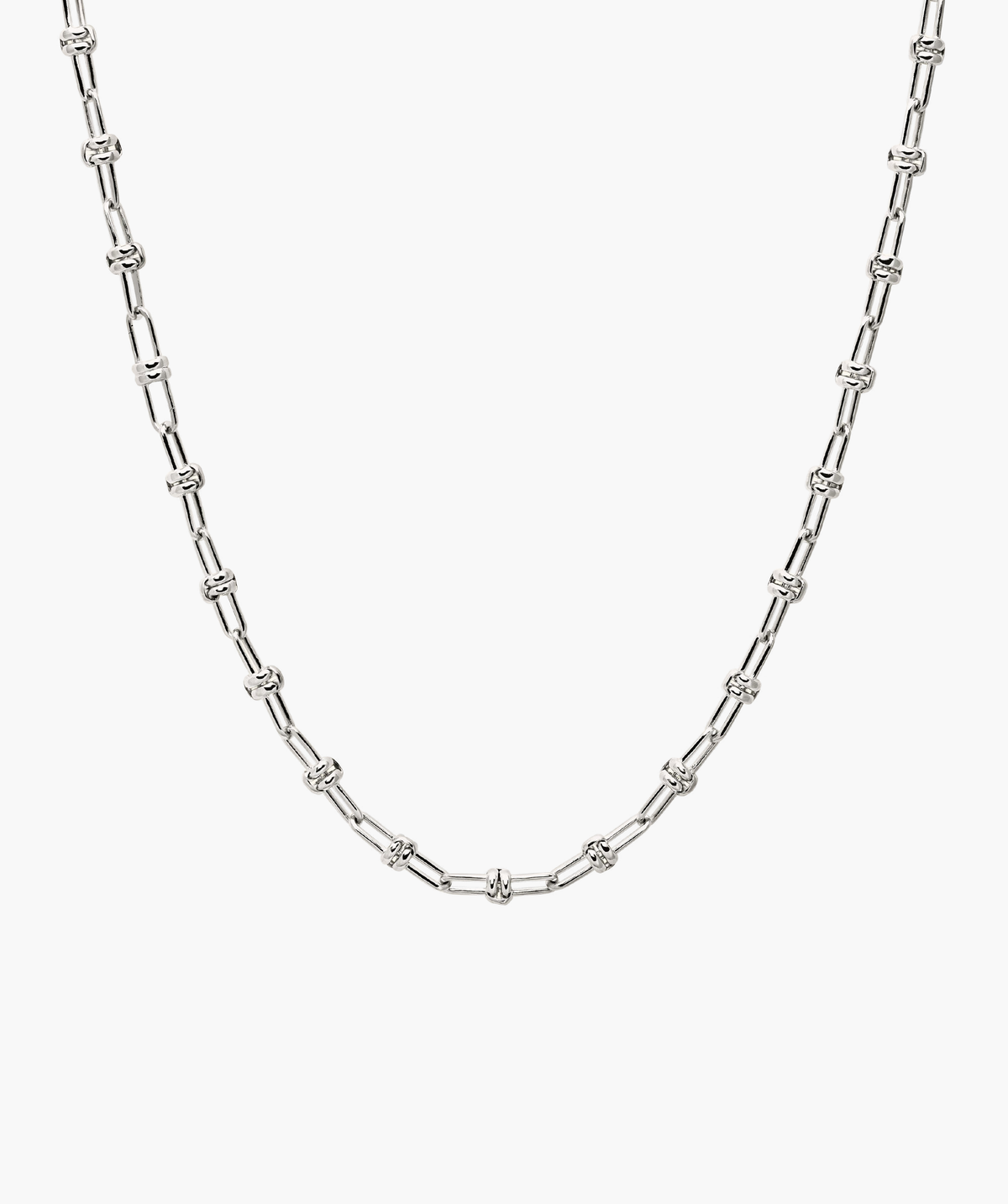 Multi Way Chain Necklace: Close-up of a silver chain with a knot, showcasing versatile links for customizable styles, designed for unique personalization.