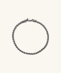 Silver 3.3mm Wheat Chain Bracelet with clasp, intricately woven and handcrafted in oxidized sterling silver for a lived-in look.