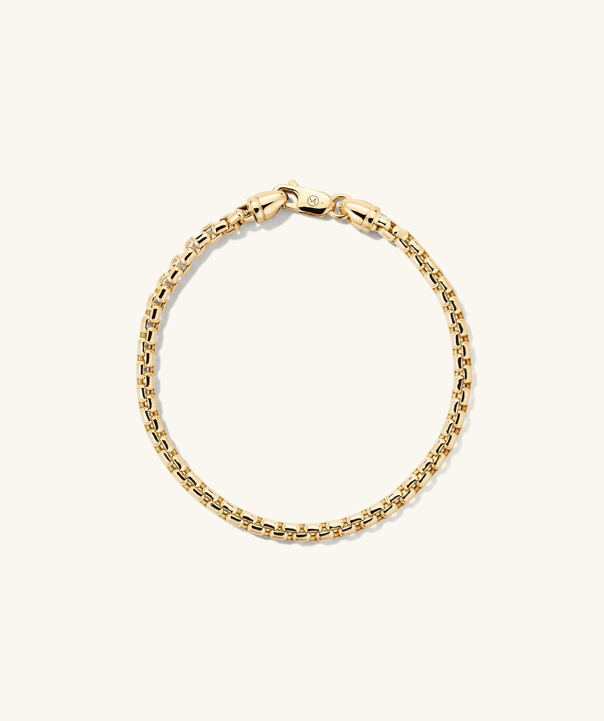 3mm Round Box Chain Bracelet with a clasp, handcrafted in 14k solid yellow gold, perfect for everyday wearâneither too bold nor too minimal.