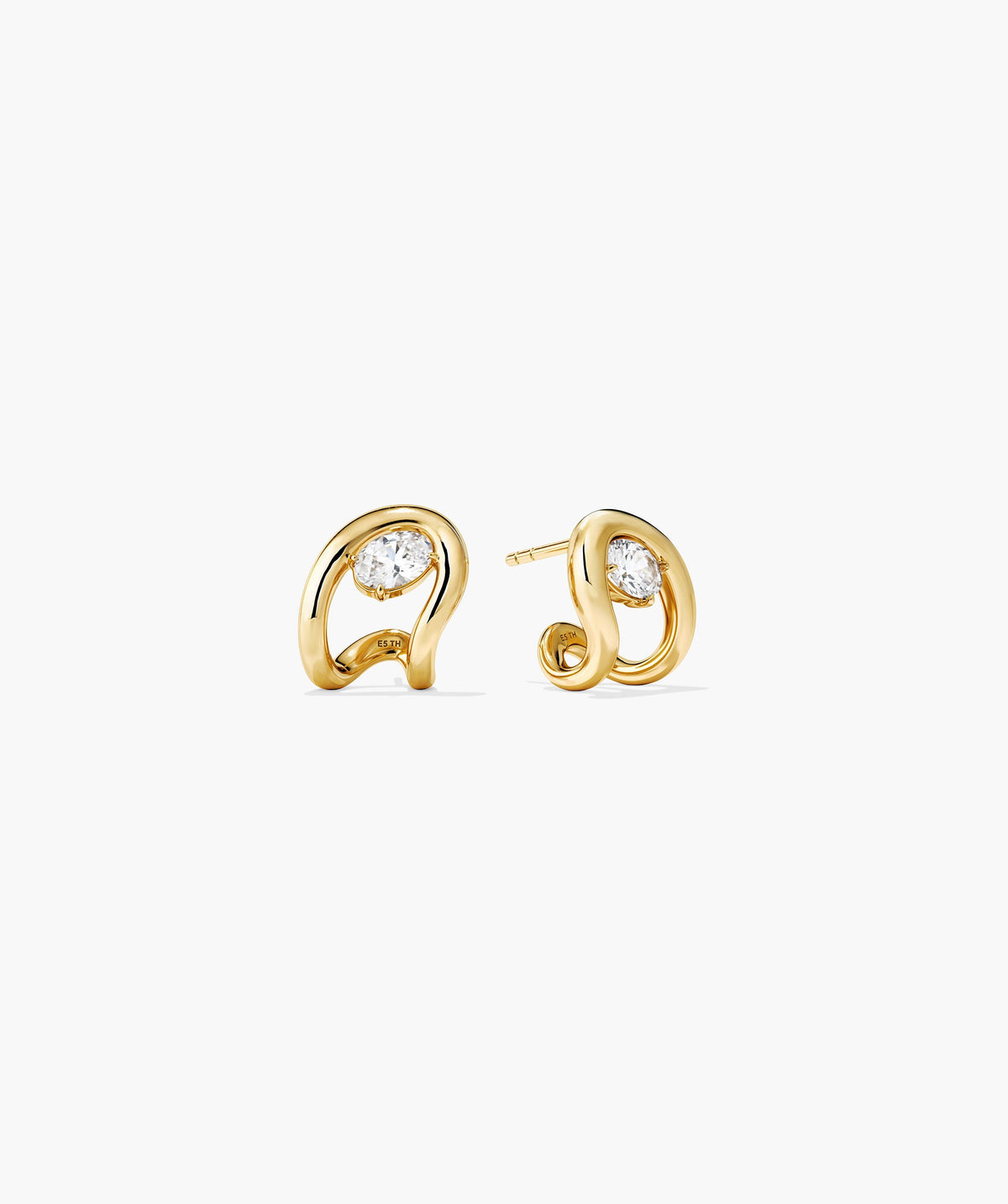 Organic DÃ´me Curve Gemstone Huggies feature polished gold knot studs cradling a central round gemstone, shown in front-on and side views.