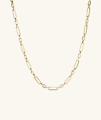 Triple Link Paperclip Chain Charm Necklace handcrafted in 14k gold, featuring three interconnected small link chains.
