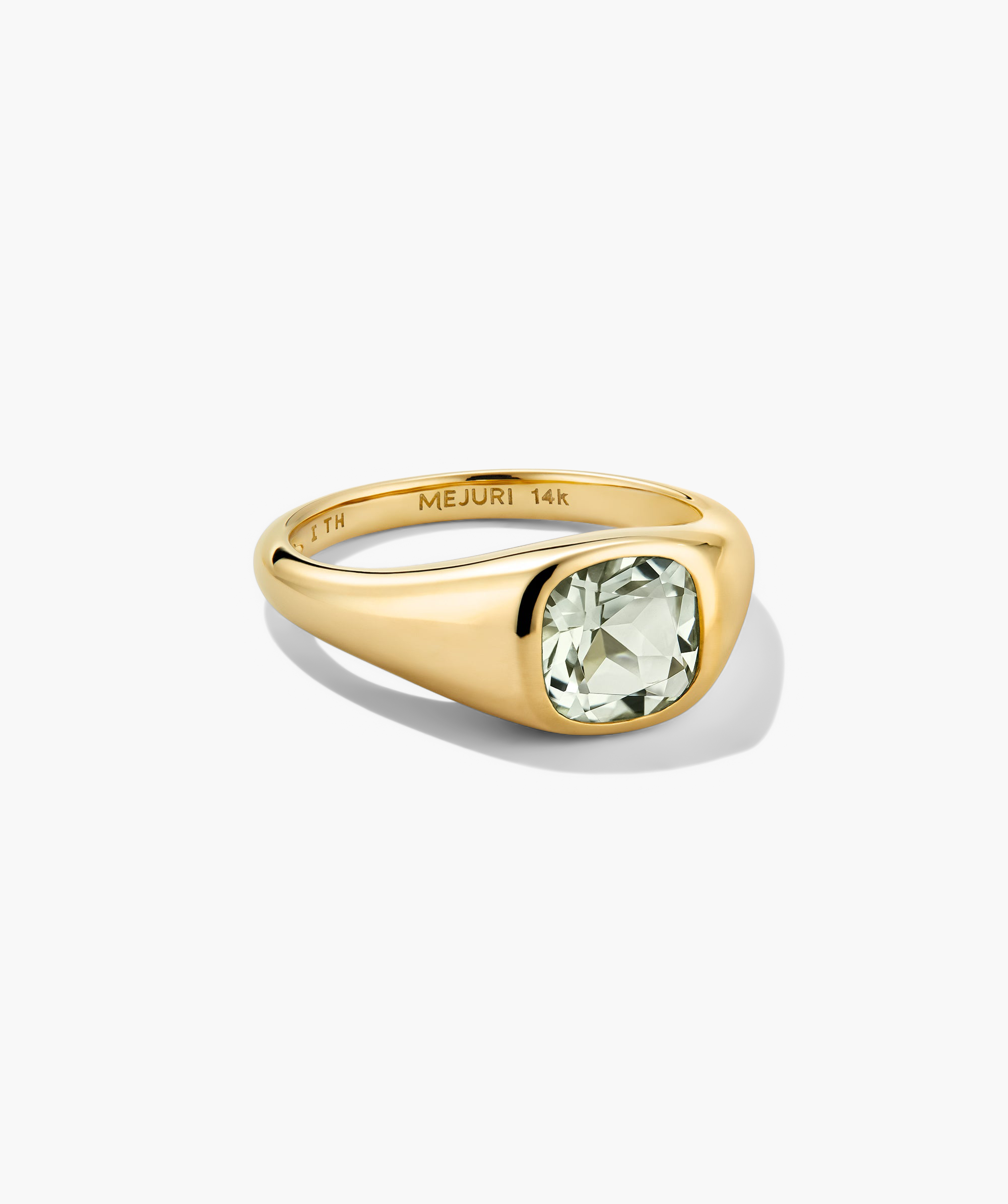 Jude Pinky Signet Ring featuring a cushion-cut gemstone on a signet-style band, engraved with MEJURI 14k, displayed on a simple background.