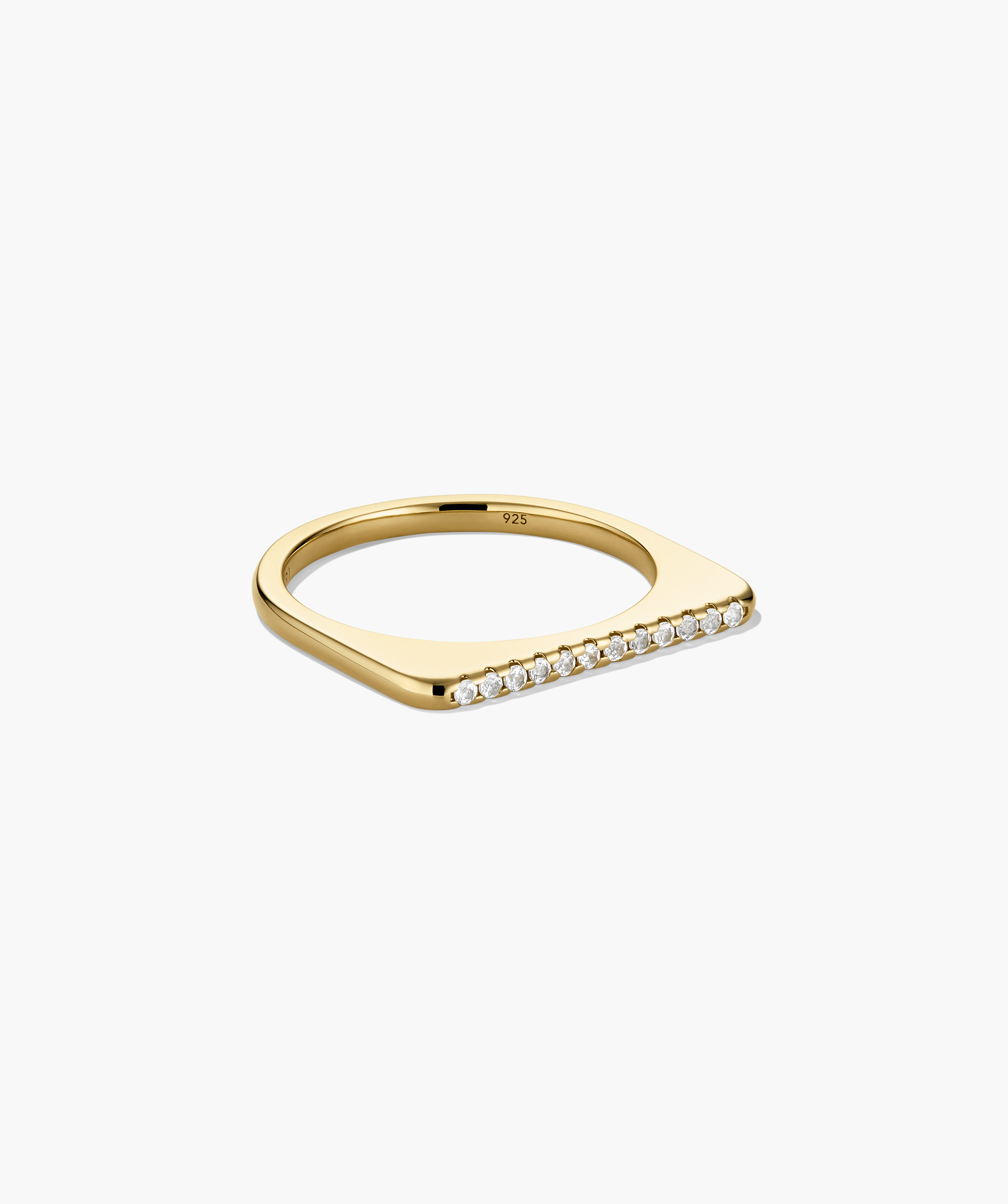 Puzzle Stacking Ring: Minimalist gold-tone ring with chevron top, set with small white stones, 925 hallmark visible, perfect for personalized stacking and marking special occasions.