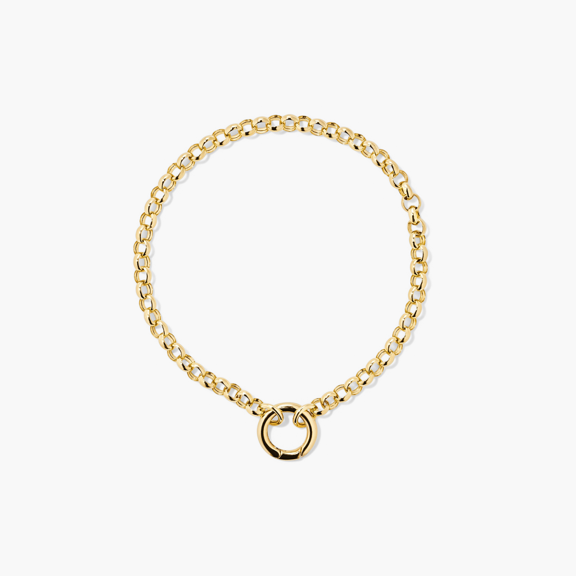 Rolo Chain Charm Bracelet: A polished gold-tone chain with uniform oval links, featuring a Stacker Clasp for layering charms, displayed in a circular arrangement.