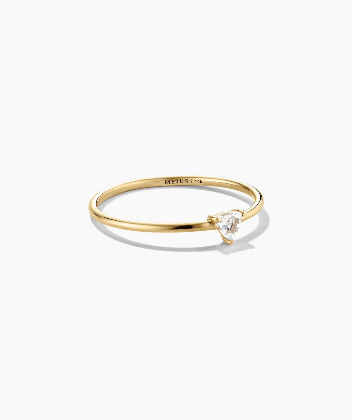 Gemstone Trillion Stacker Ring in 14k gold, featuring a trilliant white topaz in a minimalist three-prong setting on a slender polished band.
