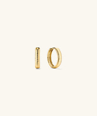 Bold Micro Charlotte Small Hoop Salmon Gold earrings with a distinct plissÃ© texture, handcrafted from nature-positive Salmon Gold, displayed against a simple background.