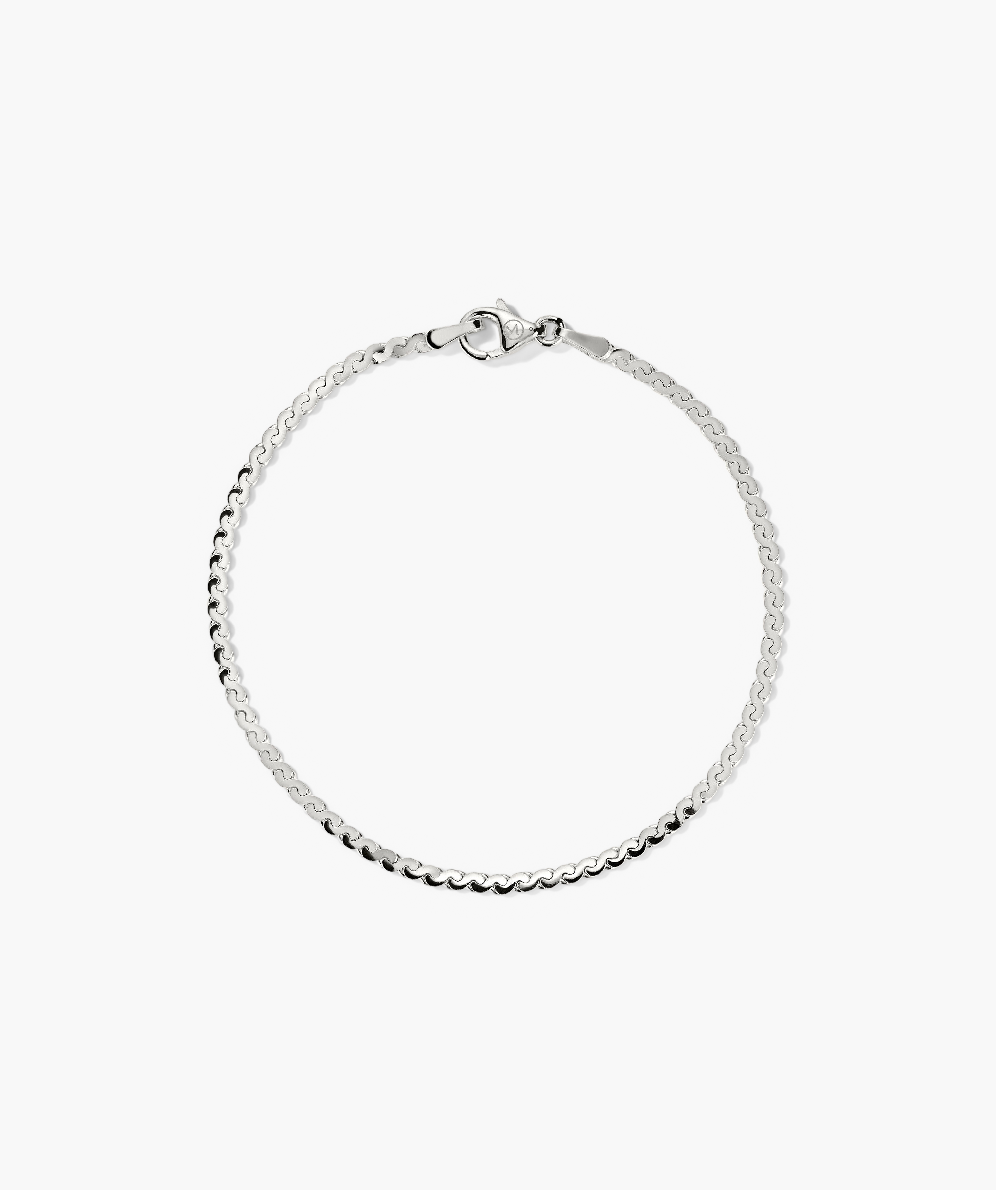 Serpentine Chain Bracelet featuring gently wavy silver links and a secure lobster-claw clasp, elegantly arranged in a circle on a white background.