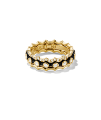 Gemstone Charlotte Stacker Bundle: two stackable gold rings with scalloped edges, featuring pavÃ© and bezel-set white stones, contrasting with a black enamel background.