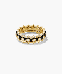 Gemstone Charlotte Stacker Bundle featuring two gold-tone rings: one with scalloped pave stones, the other with black enamel circles and bezel-set stones.