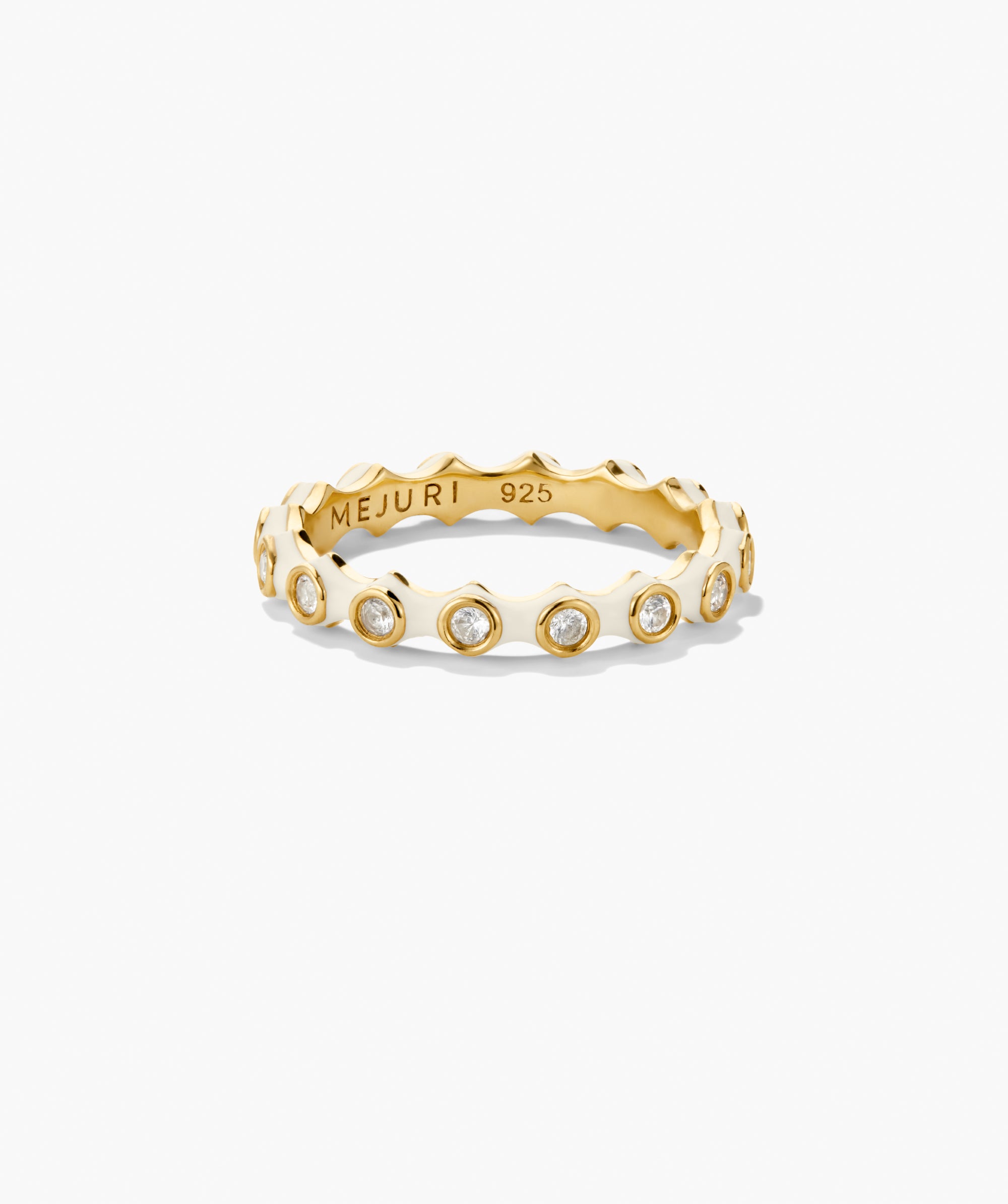 Enamel Charlotte Stacker Ring features a gold-tone band with scalloped edges, bezel-set lab-grown sapphires in white enamel, offering a crisp, stackable design.