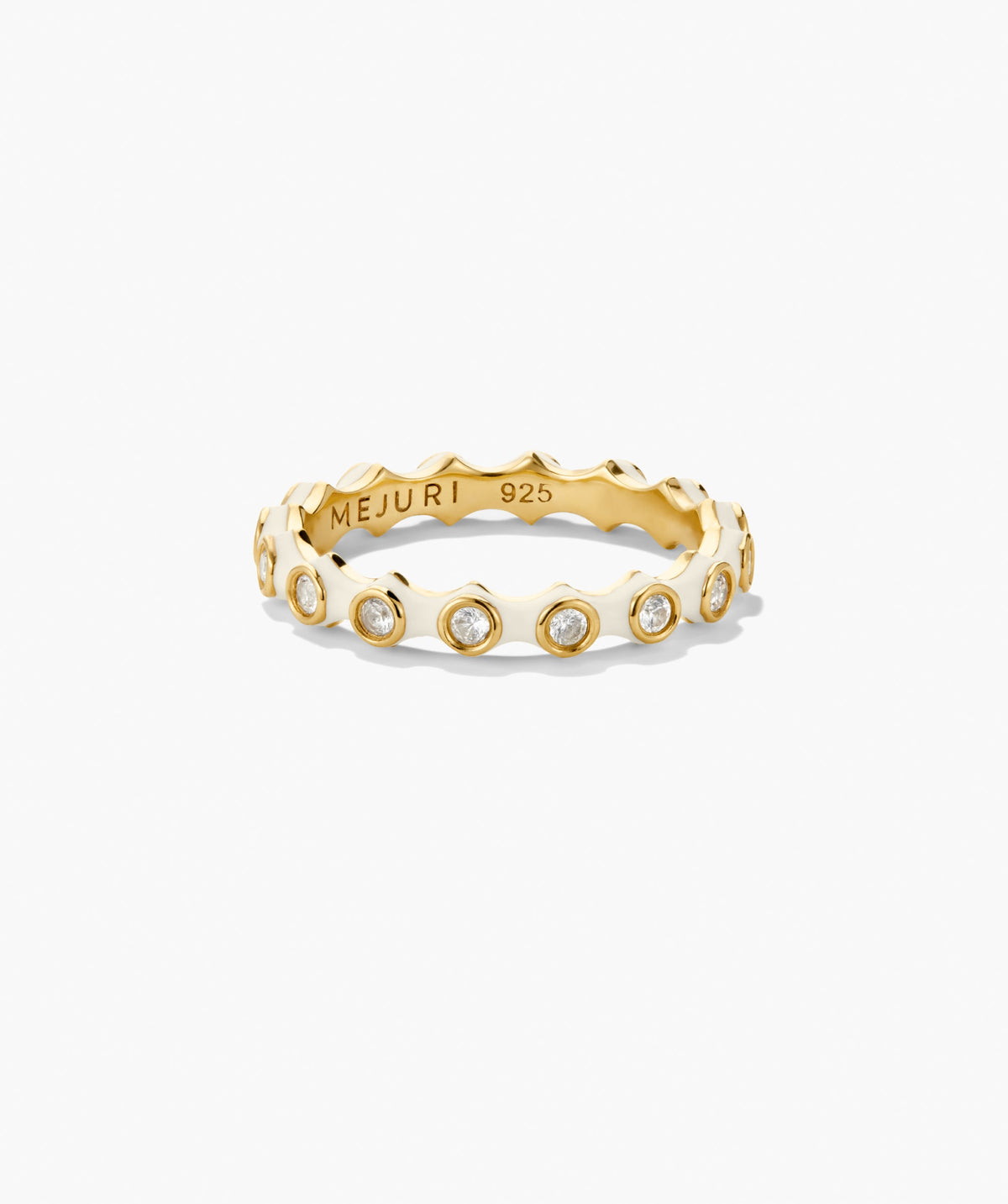 Enamel Charlotte Stacker Ring features a gold-tone band with scalloped edges, bezel-set lab-grown sapphires in white enamel, offering a crisp, stackable design.