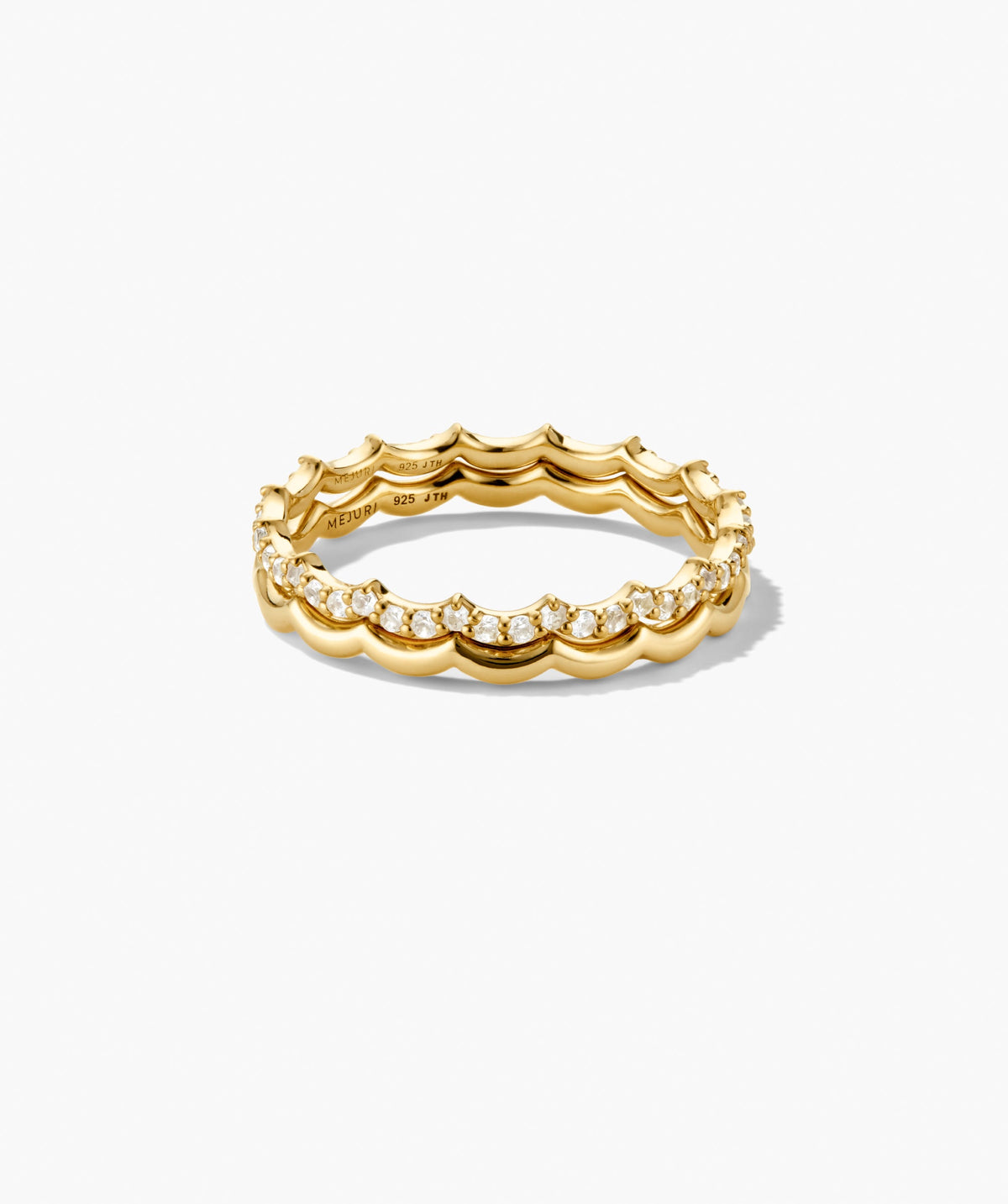 Slim Charlotte Stacker Set: A scalloped yellow gold ring with brilliant-cut diamonds, engraved MEJURI 925 JTH, designed for stylish stacking with added sparkle.