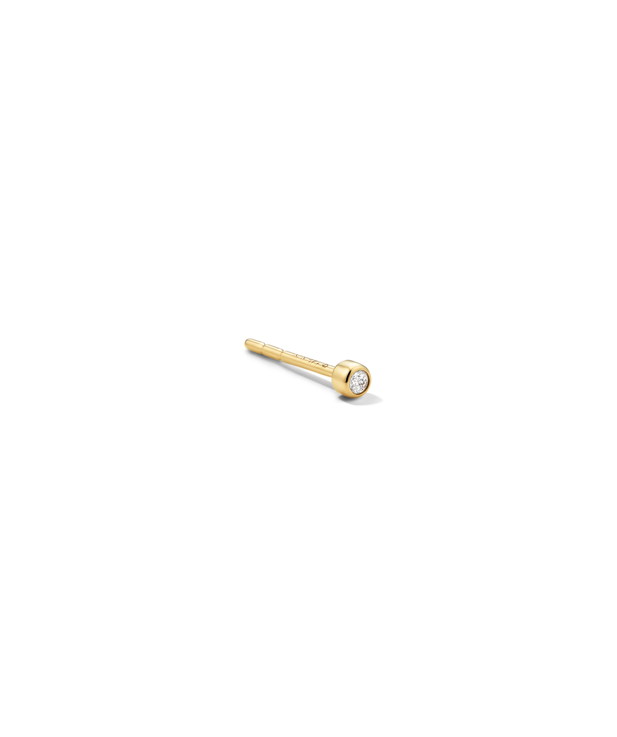 Tiny Diamond Stud featuring a bezel-set diamond on a polished gold circle. Includes grooved post for fit and flat back for comfort.