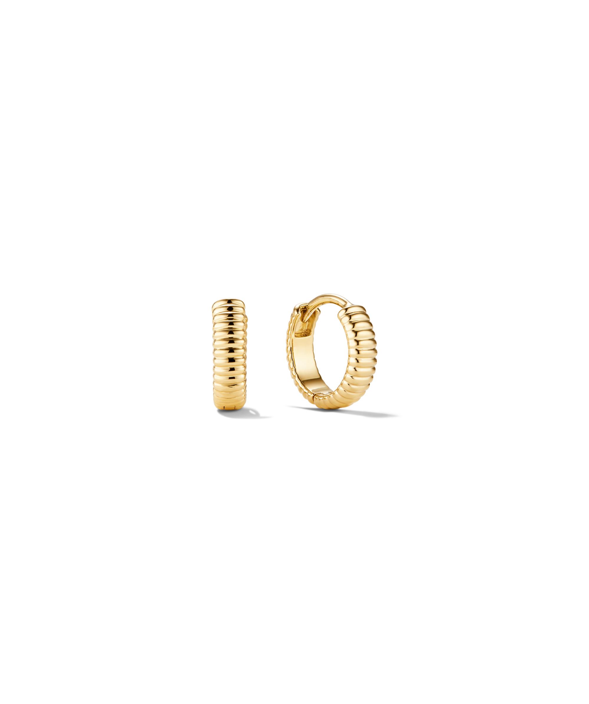 Charlotte Textured Huggie Hoops with ribbed texture and polished finish, designed to sit snugly and stand out with sculpted curves.