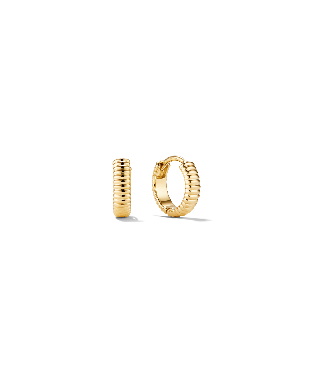 Charlotte Textured Huggie Hoops with ribbed texture and polished finish, designed to sit snugly and stand out with sculpted curves.