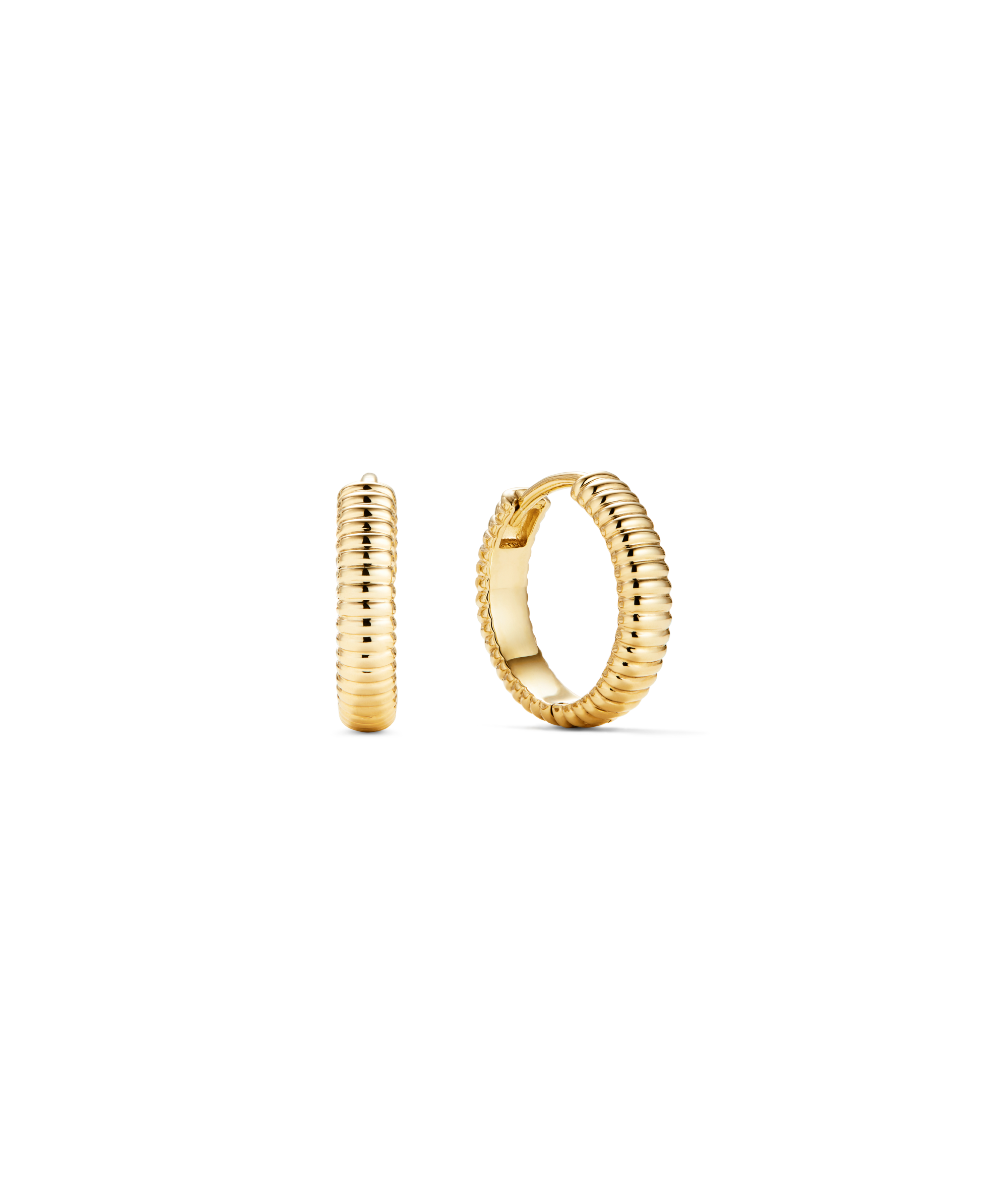 Charlotte Textured Hoops: Small, ribbed gold huggie-style earrings, lightweight and polished, offering a modern balance between statement and everyday wear.