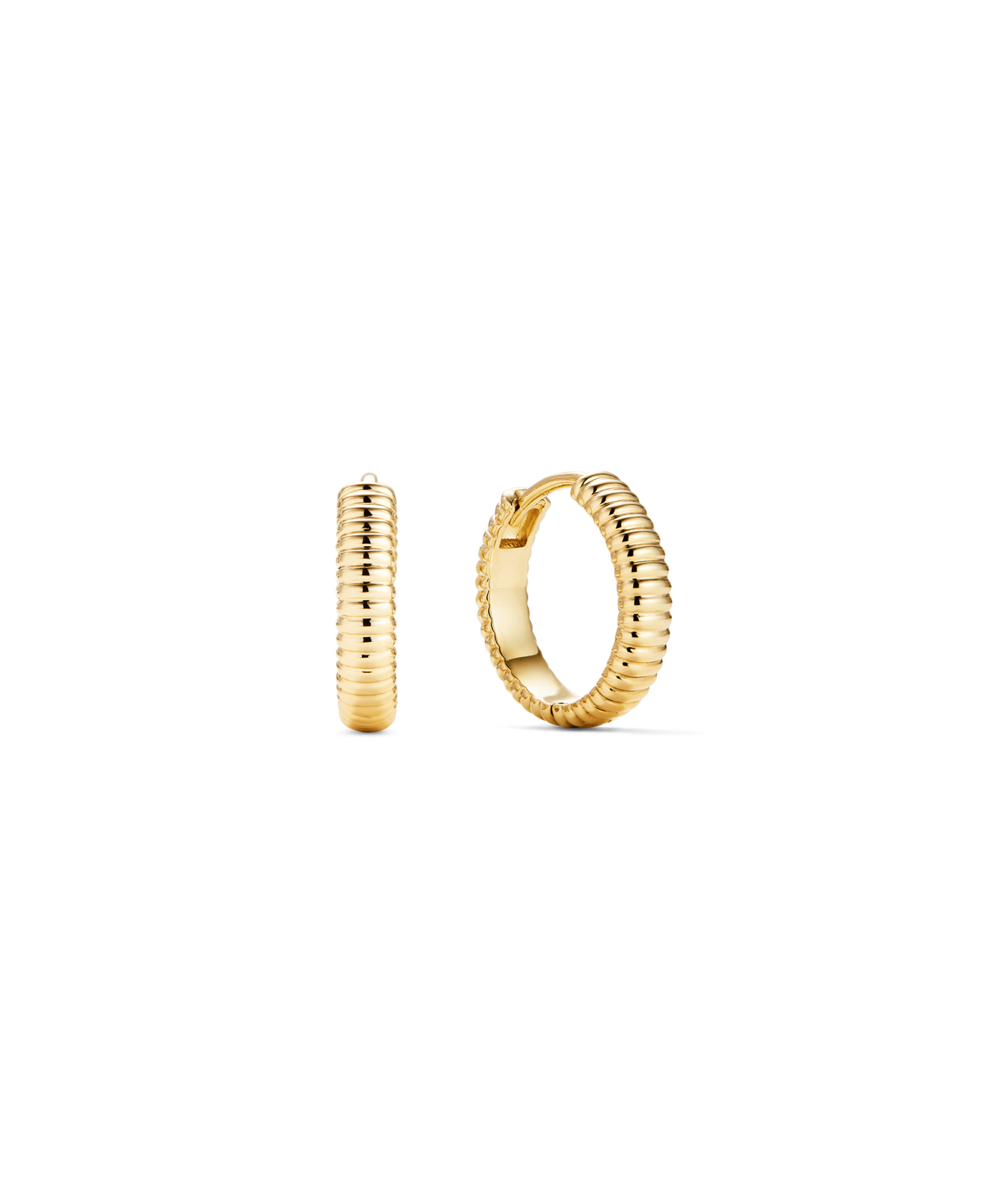 Charlotte Textured Hoops: Small, ribbed gold huggie-style earrings, lightweight and polished, offering a modern balance between statement and everyday wear.